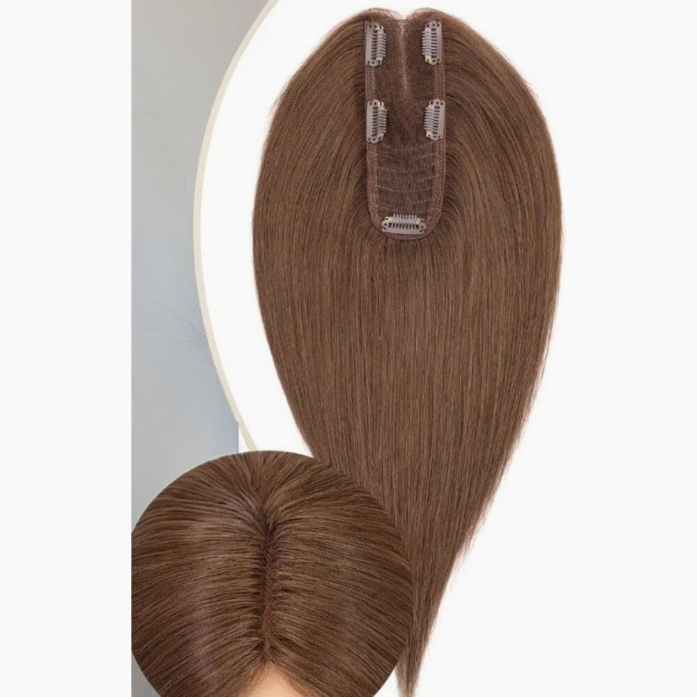 Rich Choices Hair Toppers #4 Medium Brown No Bangs 12" Human Remy Hair Clip in